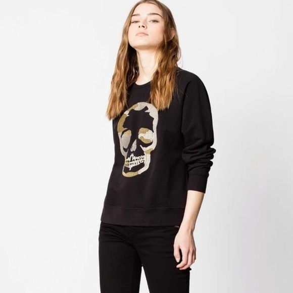 Zadig & Voltaire | Gold Foil Skull Black Crewneck Sweatshirt XS Edgy Metallic - Picture 1 of 11